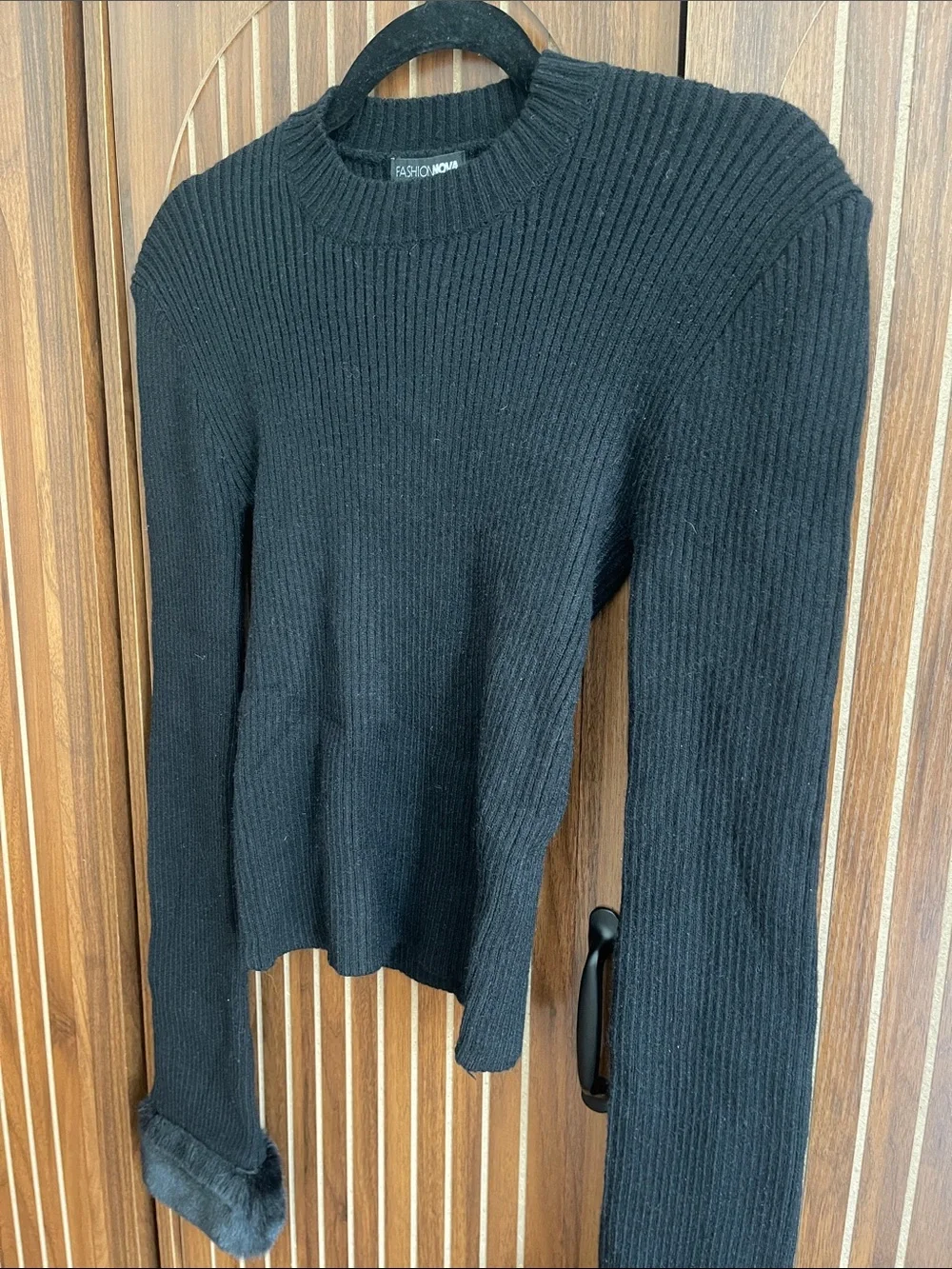 Fashion Nova Black Ribbed Sweater with Faux Fur Cuffs, Winter Chic